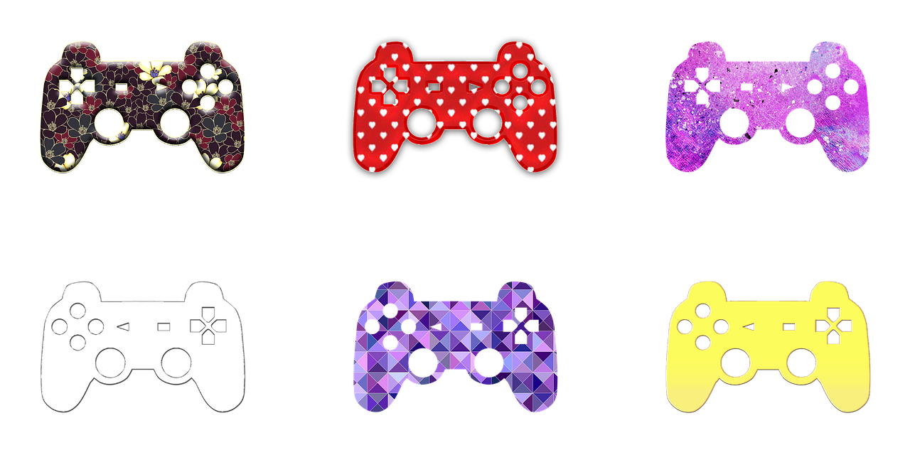 four different colored video game controllers on a black background, digital art, inspired by Yahoo Kusama, shutterstock, pop art, purple and scarlet colours, the sims 4 texture, mosaic style, by :5 sexy: 7