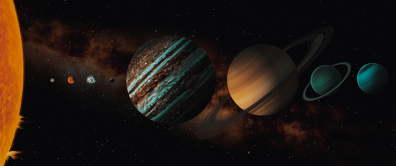 a group of planets that are next to each other, digital art, shutterstock, space art, brown and cyan color scheme, shot with sony alpha 1 camera, they are close to each other, istock