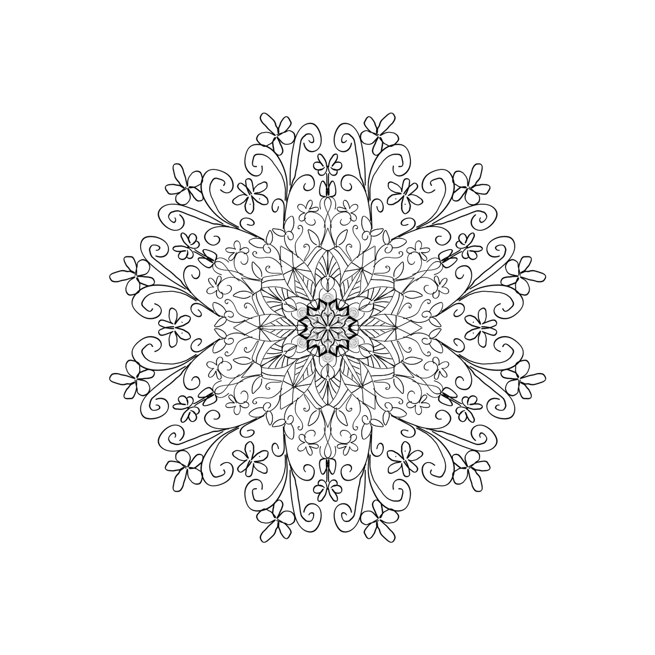 a black and white image of a snowflake, inspired by Otto Frölicher, generative art, dark flower pattern wallpaper, plain black background, subtle lovecraftian vibes, drawn with photoshop