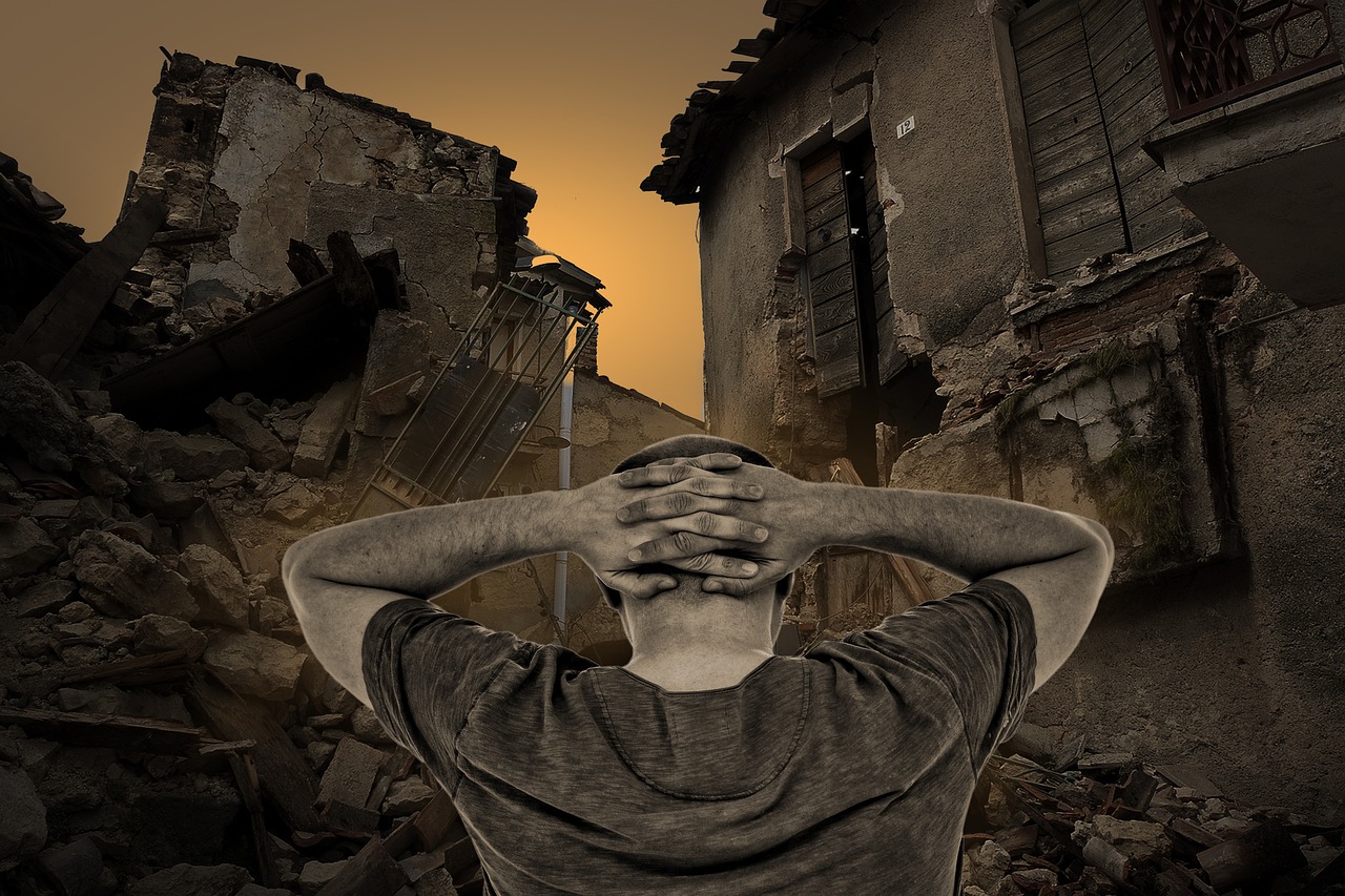 a man standing in front of a building with his hands on his head, by Mirko Rački, shutterstock, renaissance, buildings collapsed, location of a dark old house, in front of an orange background, view from the back