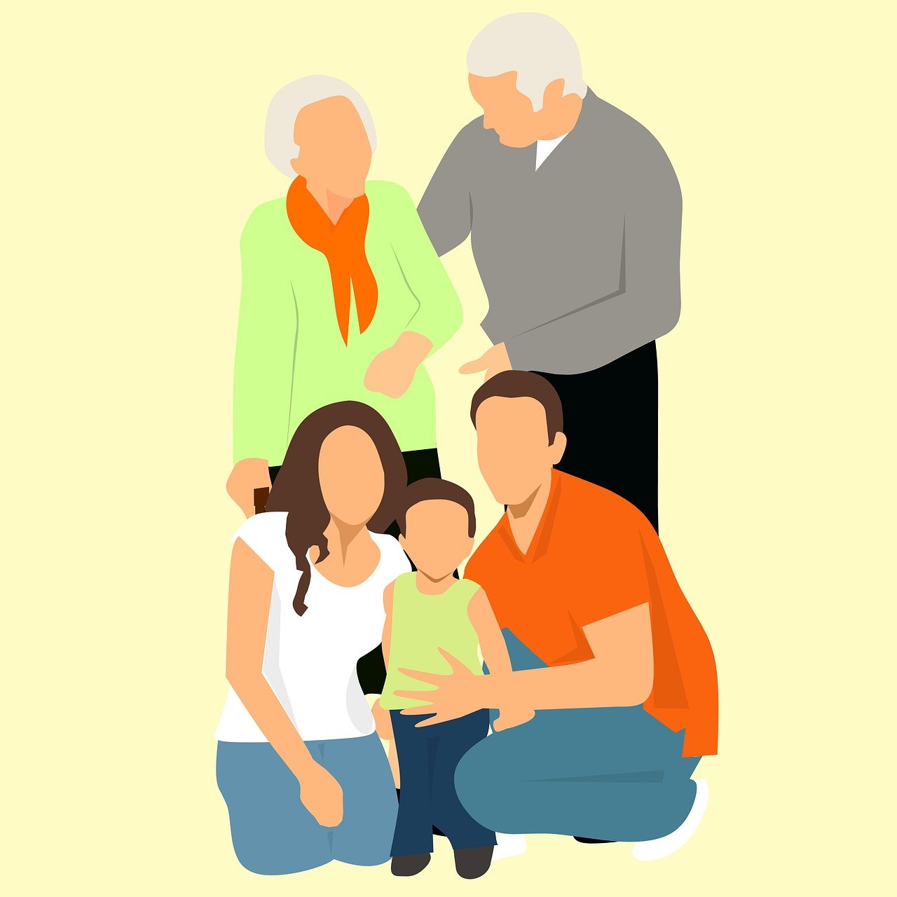 an illustration of a family posing for a picture, a digital rendering, by Gawen Hamilton, shutterstock, shaded flat illustration, wikihow illustration, grandfatherly, with yellow cloths