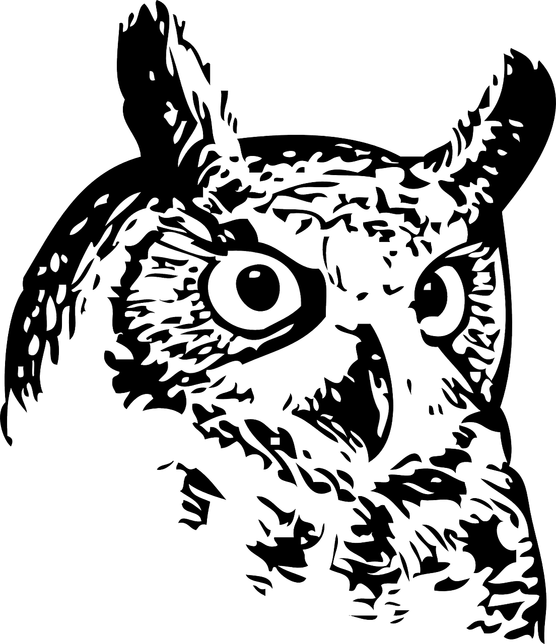 a black and white drawing of an owl, vector art, pixabay, sōsaku hanga, a horned, looking away, heads of wooden of bird face, birds - eye view