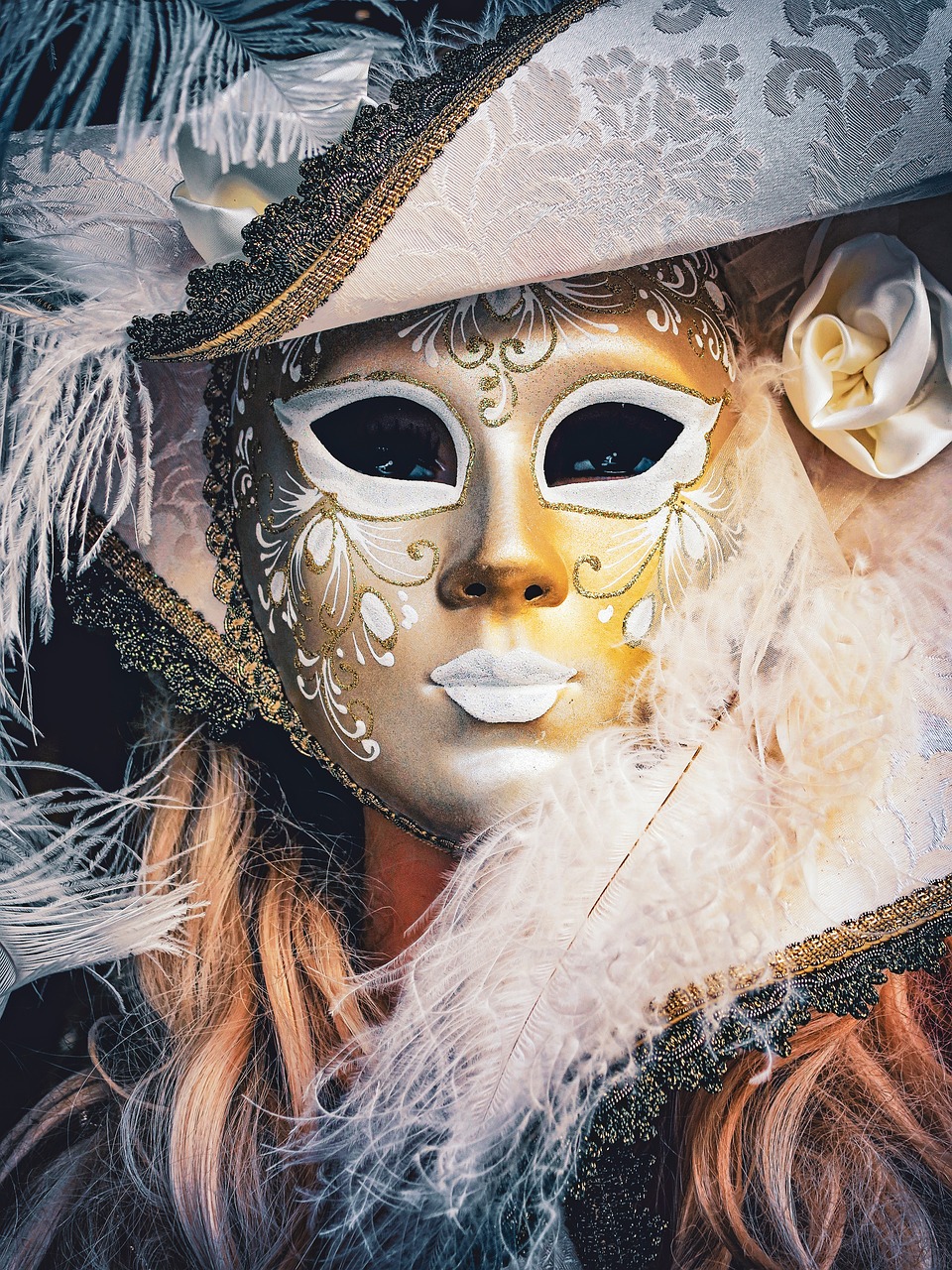 a close up of a person wearing a mask, a photo, inspired by Hedi Xandt, shutterstock, baroque, carneval, beautiful female white, prize winning color photo, italy