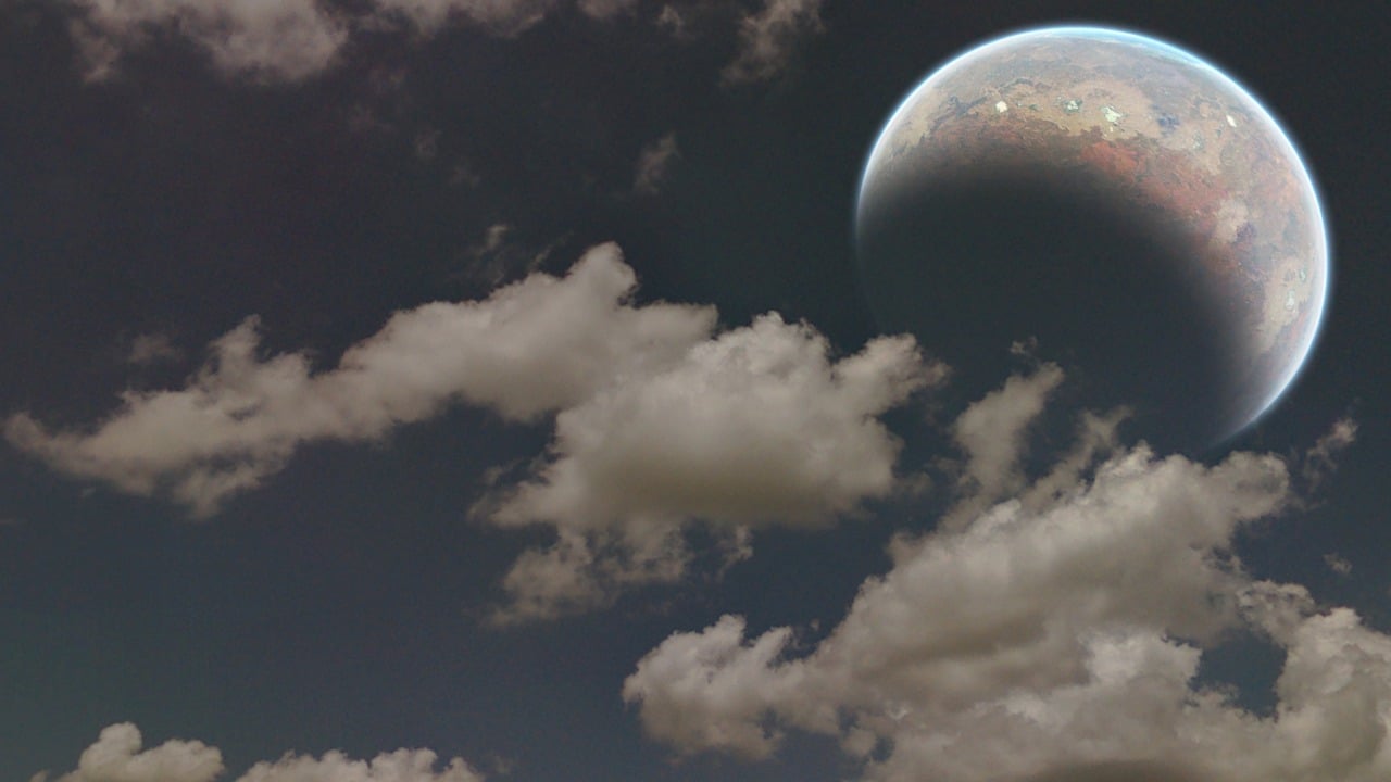 an image of a planet in the sky, inspired by Chris Moore, flickr, hyper realistic clouds, moon, terraformed mars, nasa photo