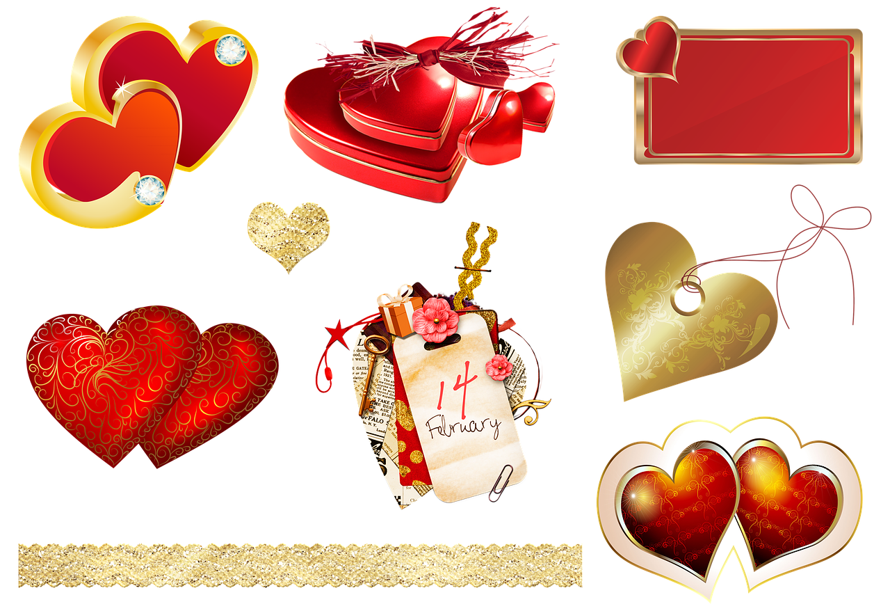 a collection of valentine's day items on a black background, vector art, by Valentine Hugo, gold and red metal, collages, scrapbook, lowres