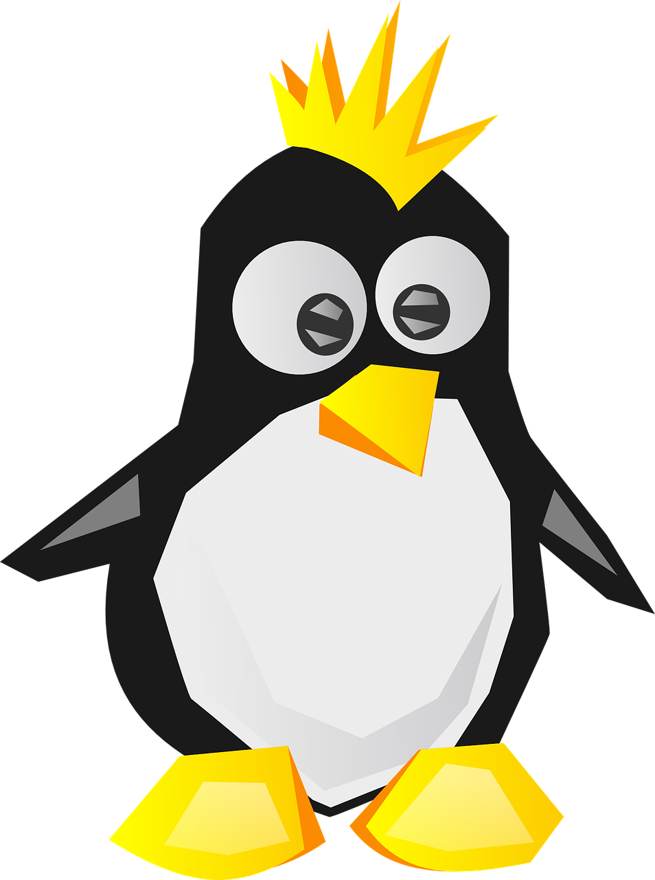 a penguin with a crown on its head, vector art, pixabay, computer art, closeup!!!!!!, processor, long thick shiny black beak, swarovski