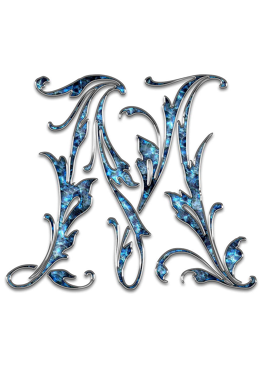 a blue and silver letter m on a black background, a digital rendering, art nouveau, fractal blue leaves, in style of chrome hearts, nacre painting, (((intricate)))
