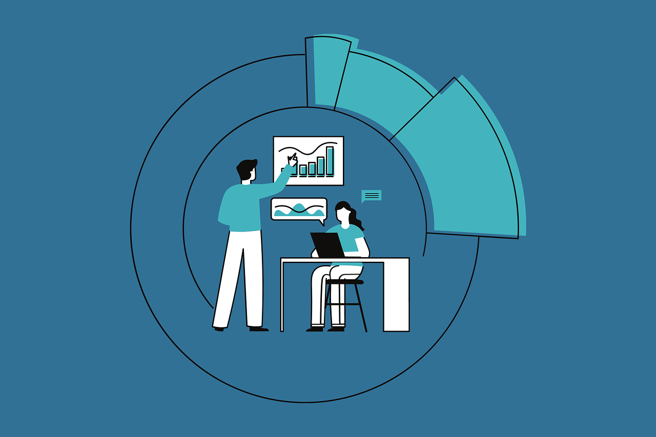 a man and a woman sitting at a desk in front of a pie chart, a diagram, analytical art, vector design, blue and cyan scheme, in a meeting room, whole page illustration