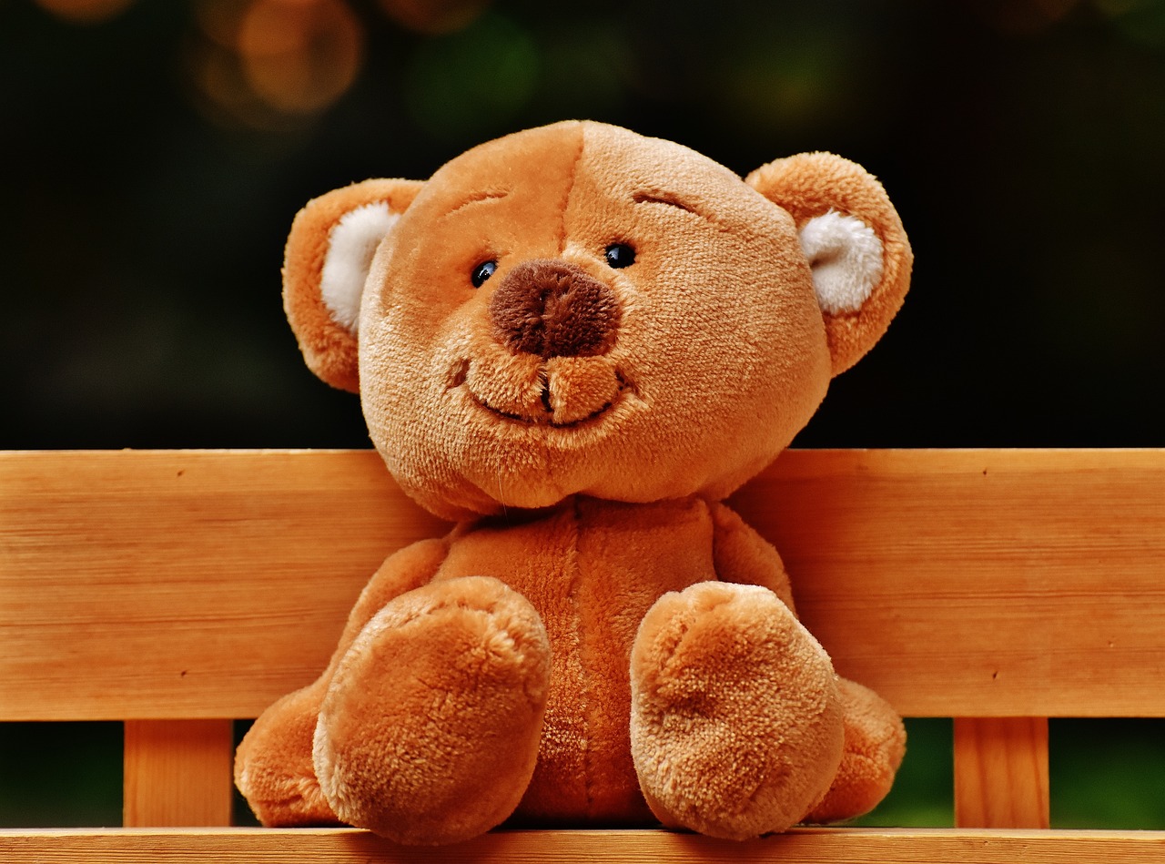 a brown teddy bear sitting on top of a wooden bench, a picture, by Maksimilijan Vanka, pexels, soft happy smile, plush mascot, steve belledin, detailed picture