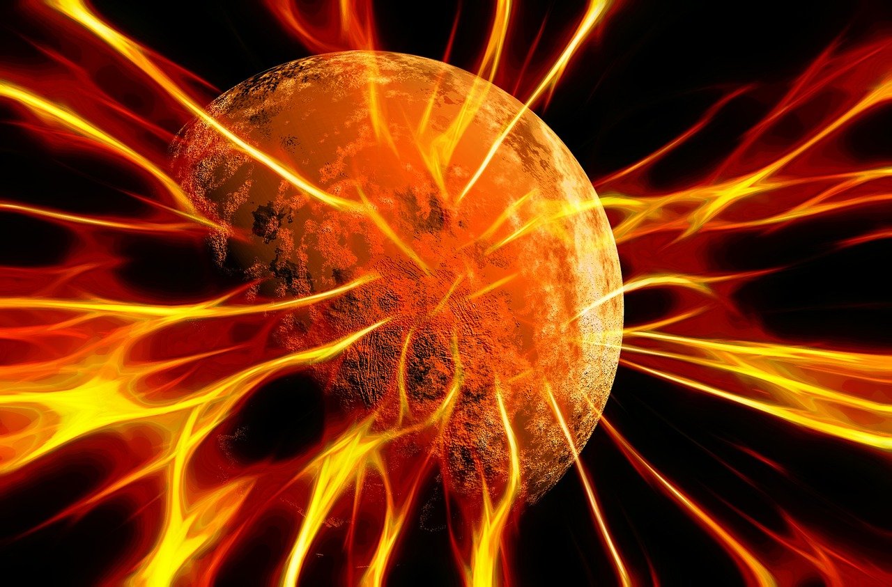 a close up of a fireball on a black background, digital art, the planet mars, thunderous, sun exploding on the background, mental pandemonium