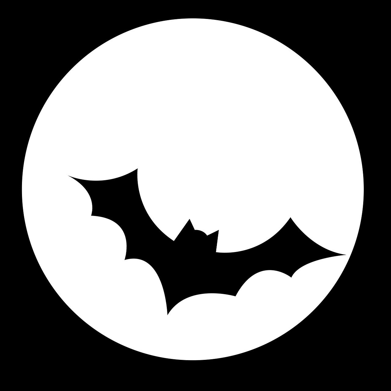 a black and white image of a bat, vector art, pixabay, sōsaku hanga, circular white full moon, beistle halloween decor, hd screenshot, simple logo