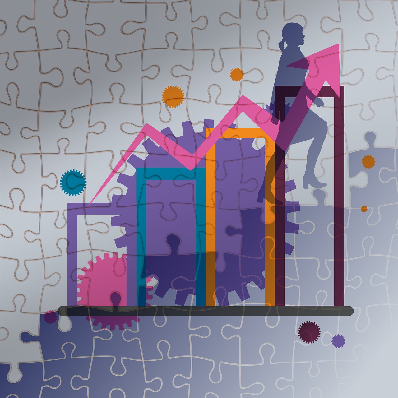 a puzzle piece with a person sitting on top of it, a digital rendering, analytical art, graphs, mechanism, backdrop, editorial illustration colorful