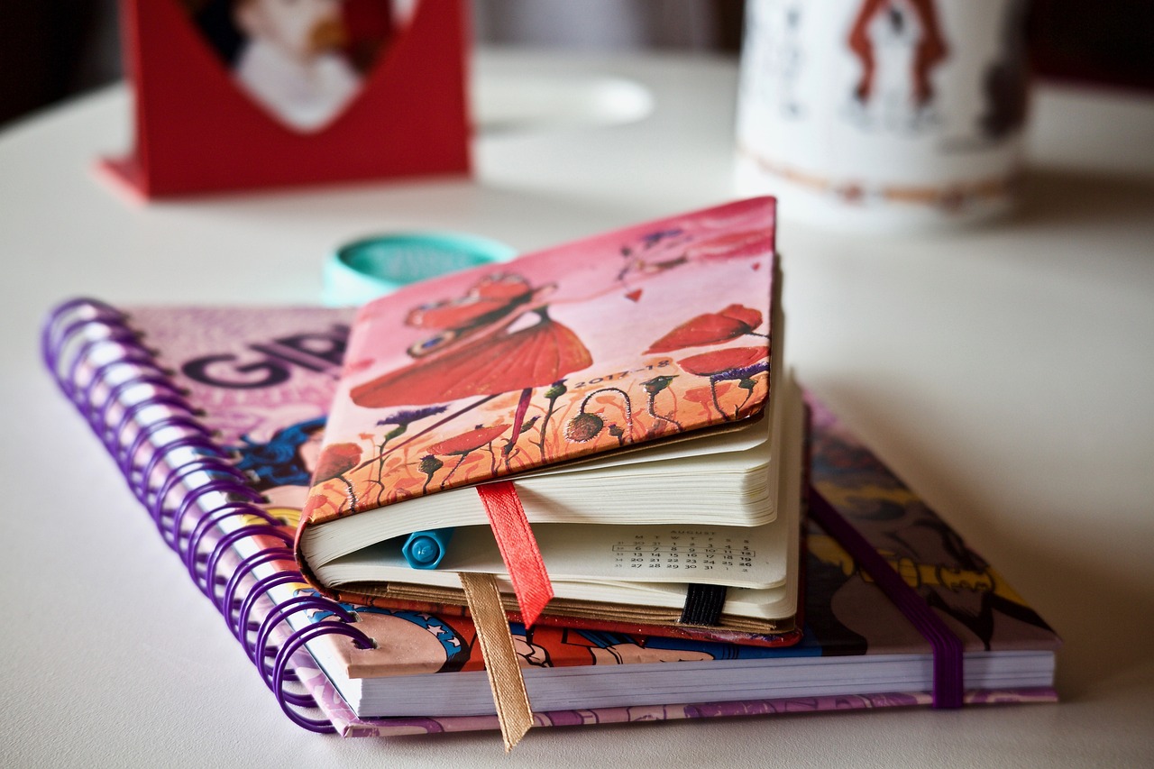 a stack of books sitting on top of a table, cosplay journal cover, pink and red colors, vibrant patterns, morning time