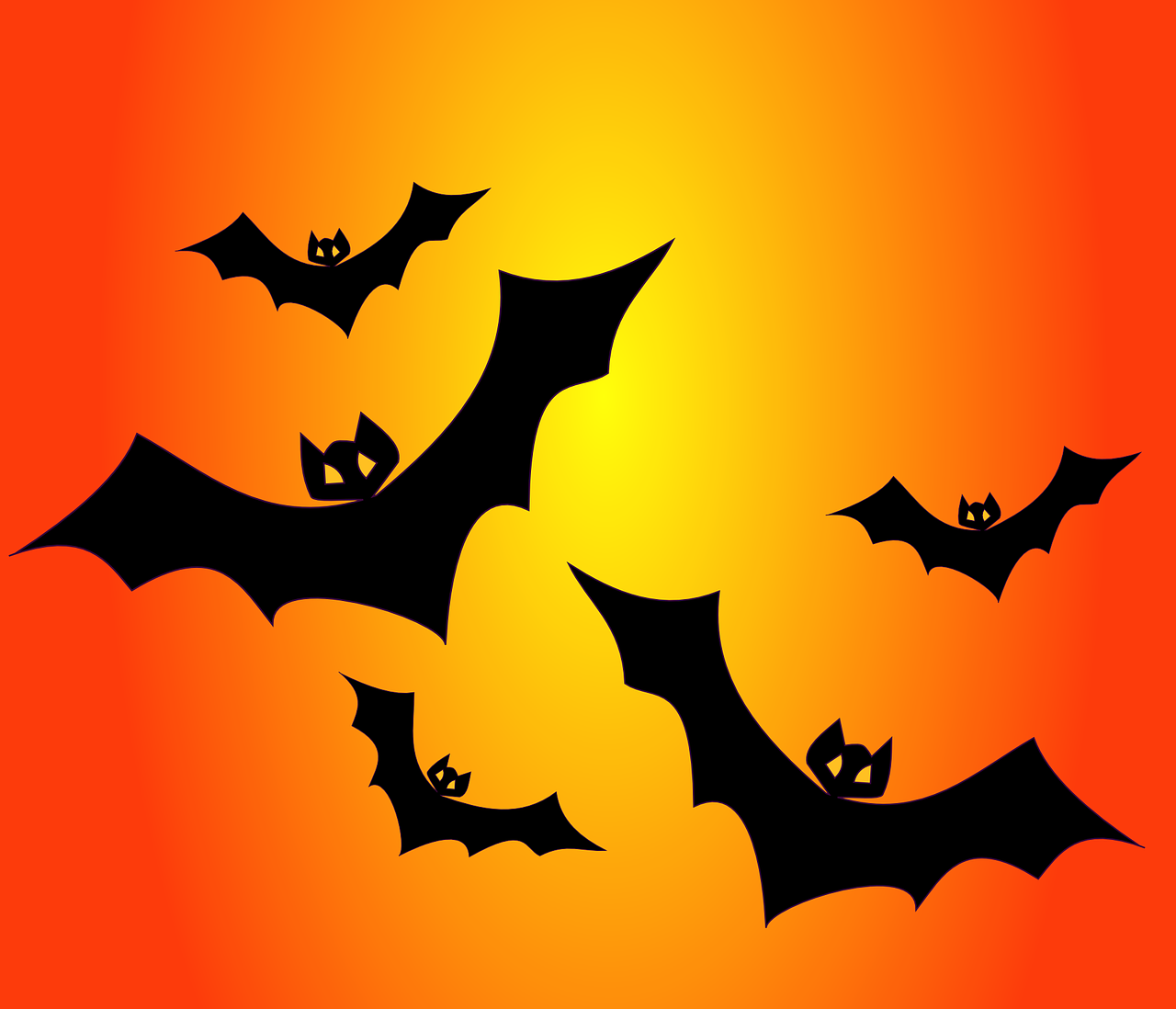 a group of bats flying in the sky, an illustration of, shutterstock, orange background, no gradients, high res photo