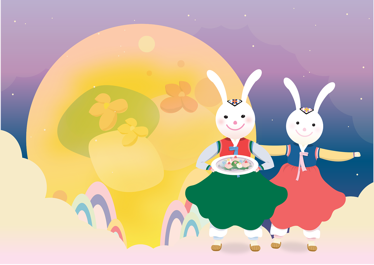 a couple of rabbits standing next to each other, a storybook illustration, inspired by Kanbun Master, offering a plate of food, very colorful heavenly, summer festival night, on the moon