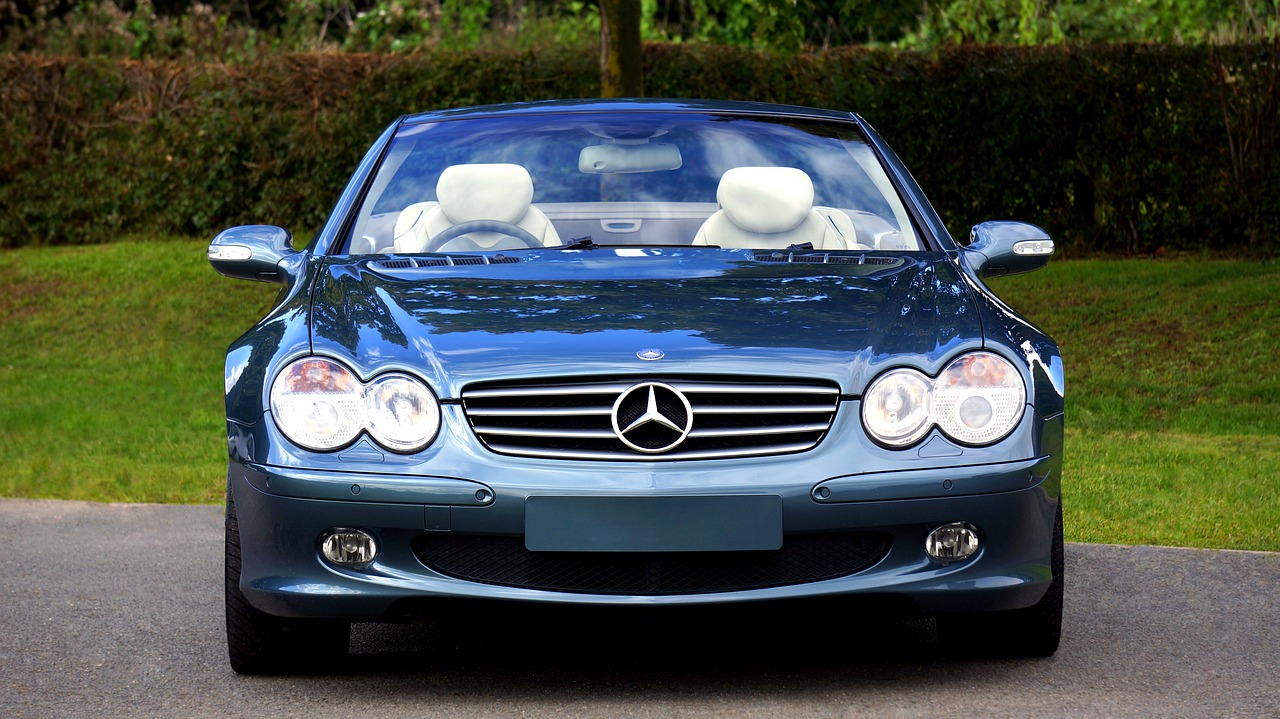the front of a blue mercedes benz benz benz benz benz benz benz benz benz benz benz benz benz benz benz benz benz benz benz benz benz benz, by Julian Allen, trending on pixabay, renaissance, convertible, taken in the 2000s, making the best smug smile, with a white muzzle