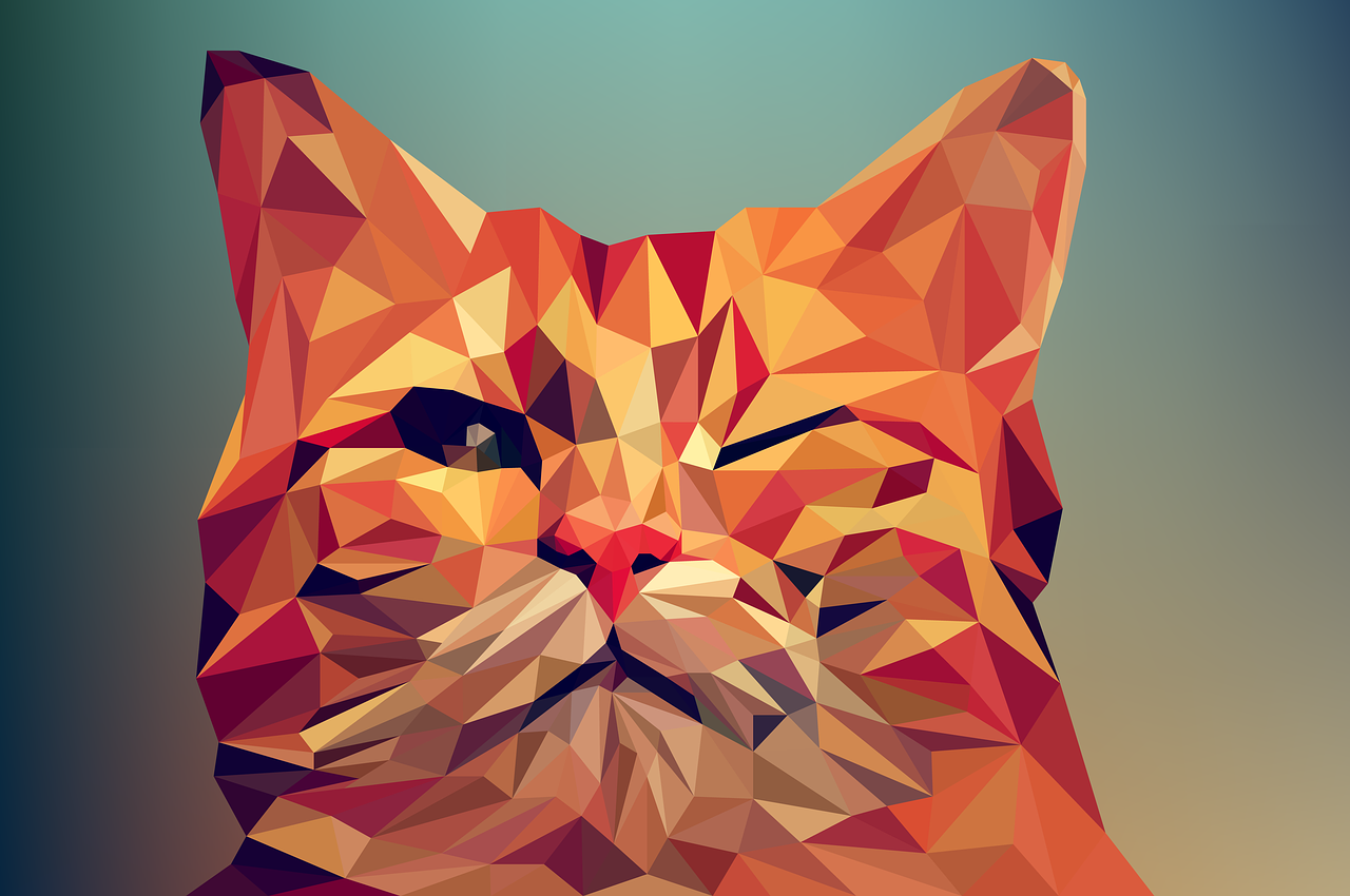 a close up of a cat's face on a colored background, vector art, by Simon Ushakov, shutterstock, digital art, polygonal art, portrait of garfield, 3 dimensional, low polygons illustration