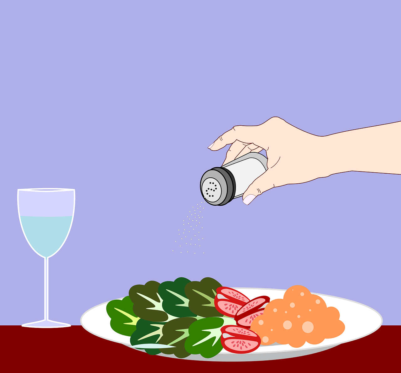 a person sprinkling salt onto a plate of food, an illustration of, usual color setting, bottle, realistic image, courful illustration