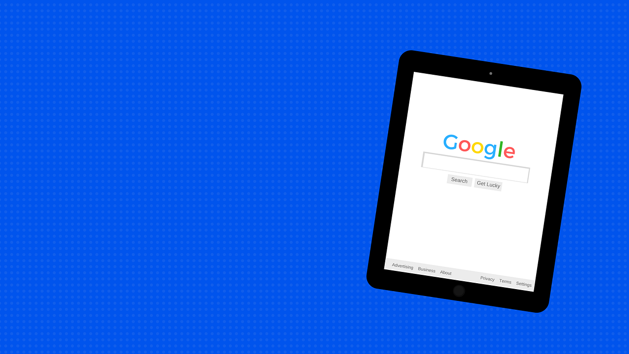 a cell phone sitting on top of a blue surface, google design, using a magical tablet, website banner, looking to the right