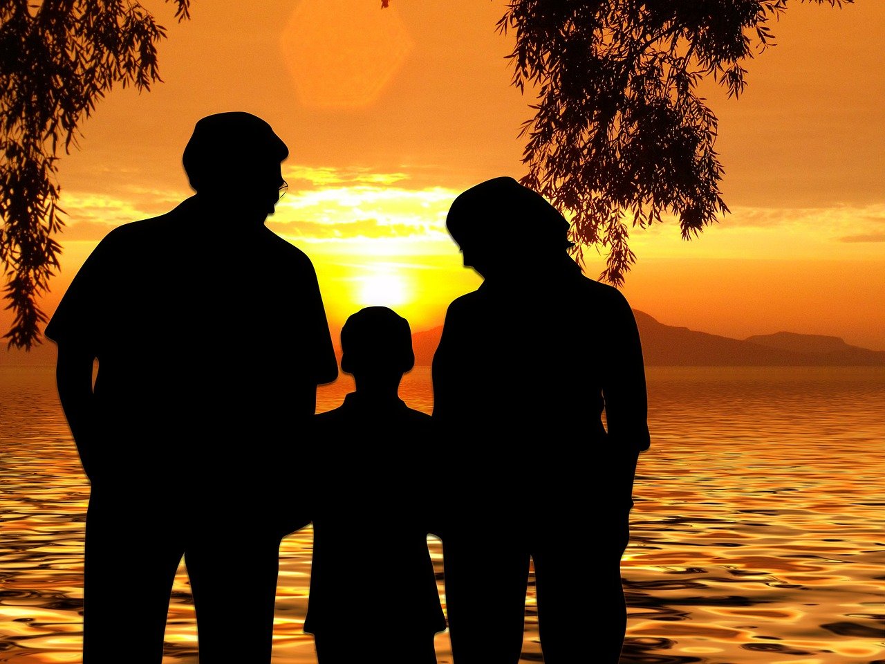 a group of people standing next to each other on a beach, a picture, pixabay, digital art, husband wife and son, dappled golden sunset, portrait of family of three, high-contrast