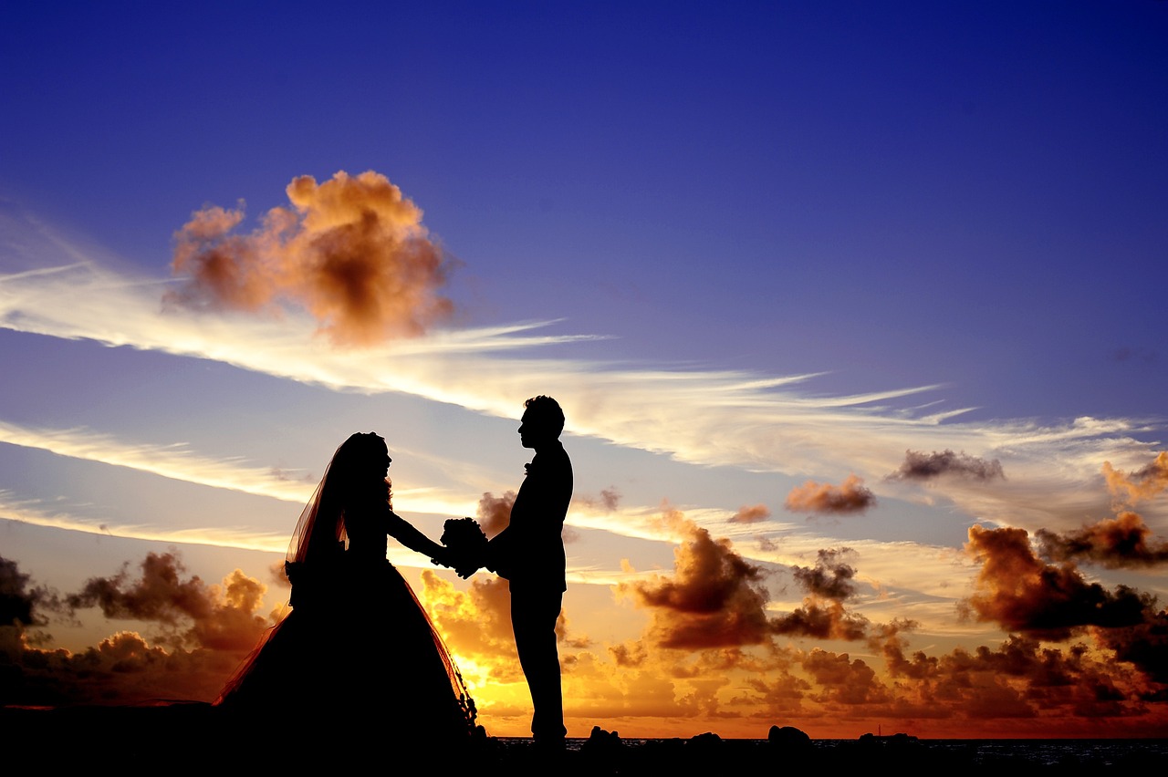 a silhouette of a bride and groom at sunset, pixabay, romanticism, blue sky, 😃😀😄☺🙃😉😗, ! holding in his hand !, colorful picture