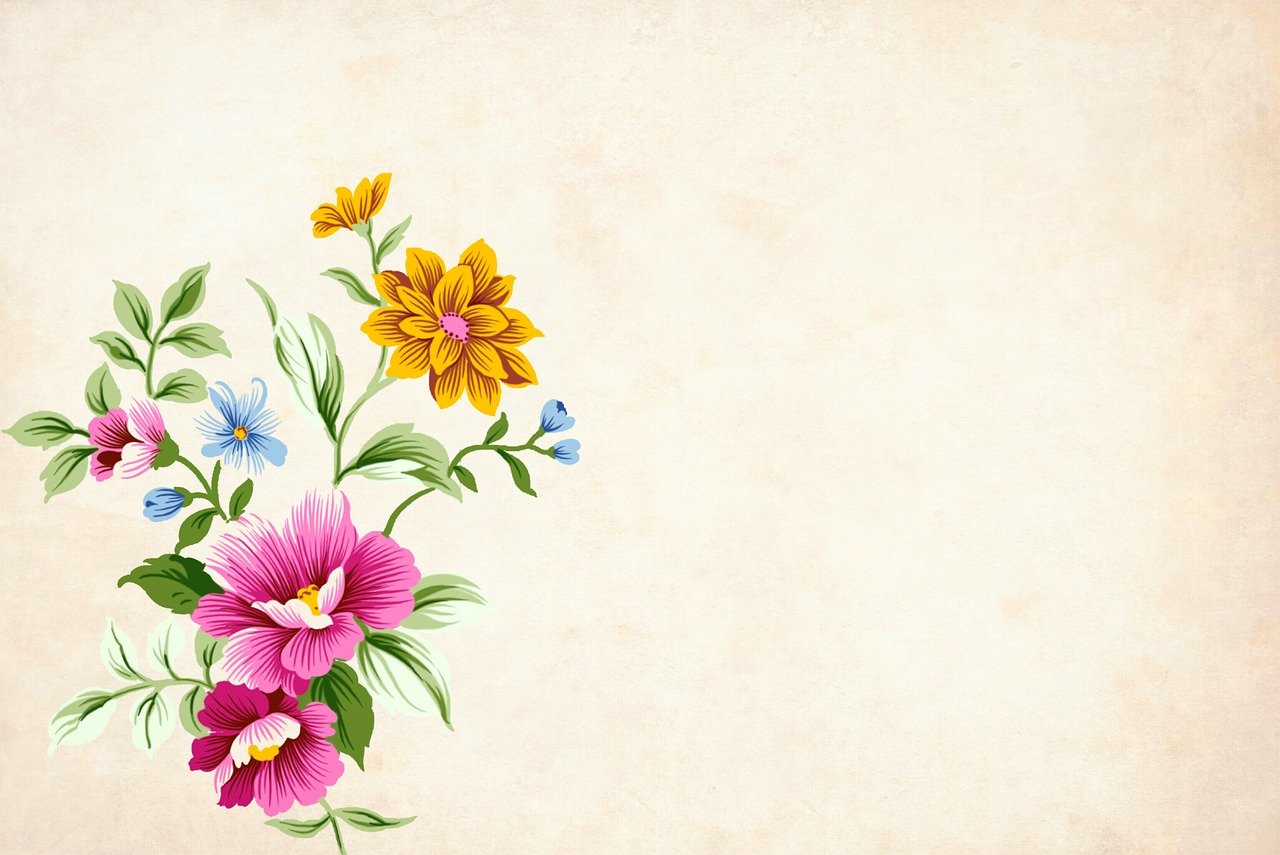 a bunch of flowers sitting on top of a table, a digital painting, trending on pixabay, beige background, background image, retro - vintage, 4 k hd wallpaper illustration