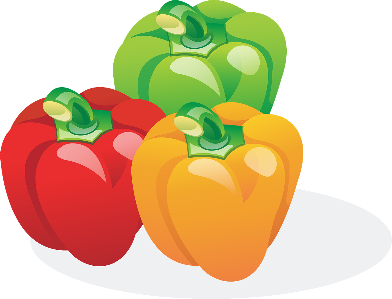 three peppers sitting next to each other on a white surface, a digital rendering, inspired by Masamitsu Ōta, pop art, no gradients, recipe, colorful]”, bells