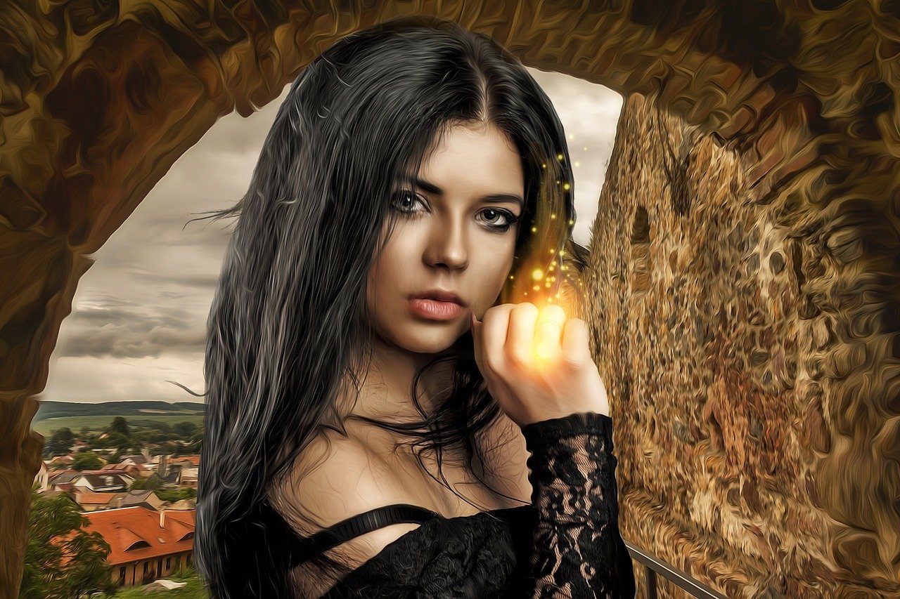 a woman in a black dress posing for a picture, digital art, fantasy art, with long hair and piercing eyes, in a castle, black hair and brown eyes, edited in photoshop