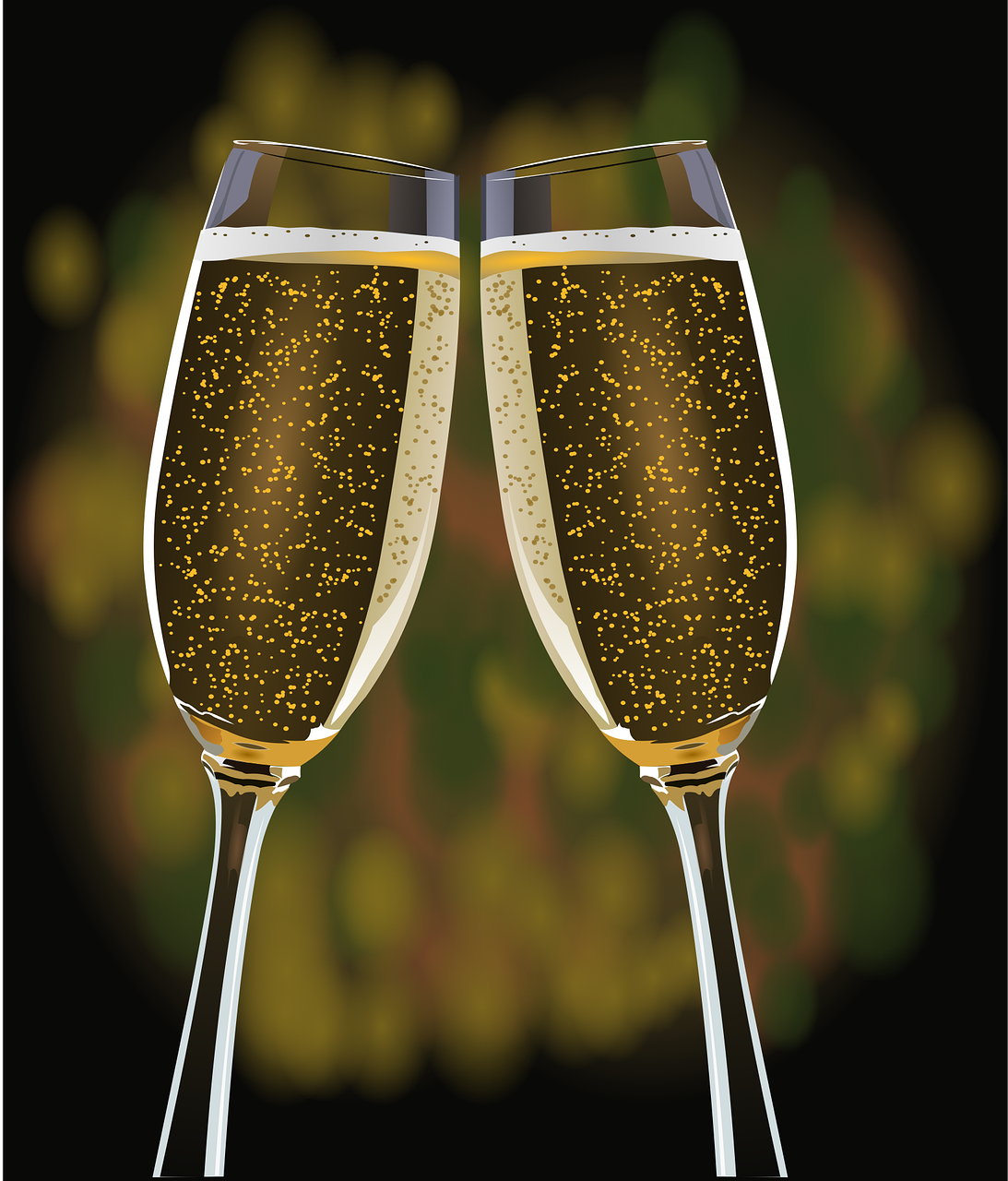 two glasses of champagne sitting next to each other, a digital rendering, vector illustration, exciting illustration, glittery, very coherent image