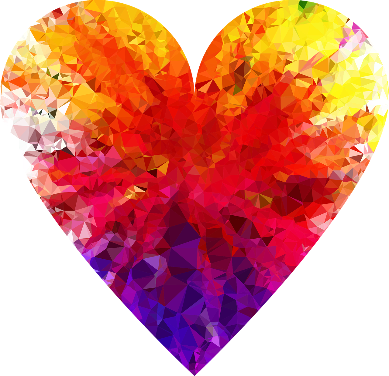 a multicolored heart on a black background, a picture, crystal cubism, high res, red-yellow colors, summer of love, low polygon