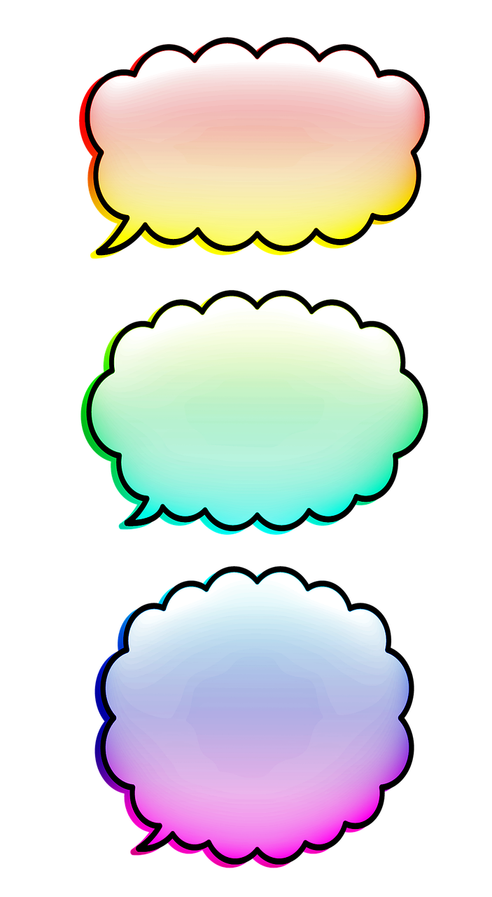 a group of speech bubbles on a black background, a comic book panel, by Wayne Reynolds, digital art, reflective gradient, some yellow green and blue, high res photo, clip-art