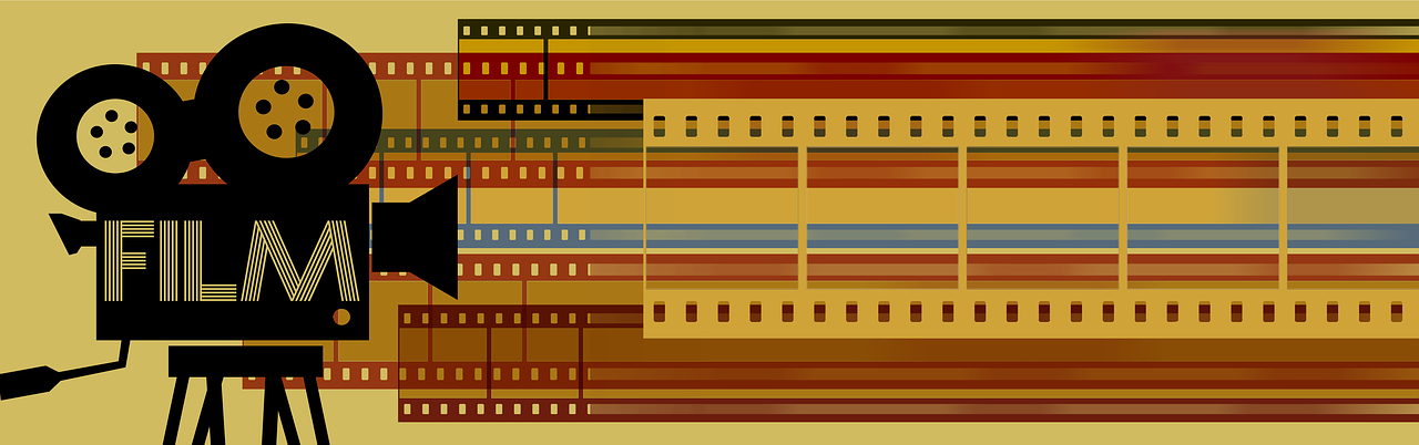 a movie camera sitting on top of a tripod, a digital rendering, inspired by Eduardo Paolozzi, computer art, art deco stripe pattern, both bright and earth colors, golden elements at borders, cinemascope panorama