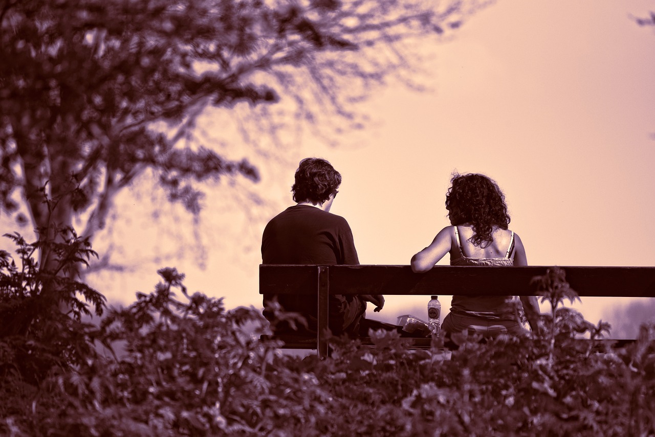 a man and a woman sitting on a bench, pexels, romanticism, duotone, at purple sunset, talking, attractive photo