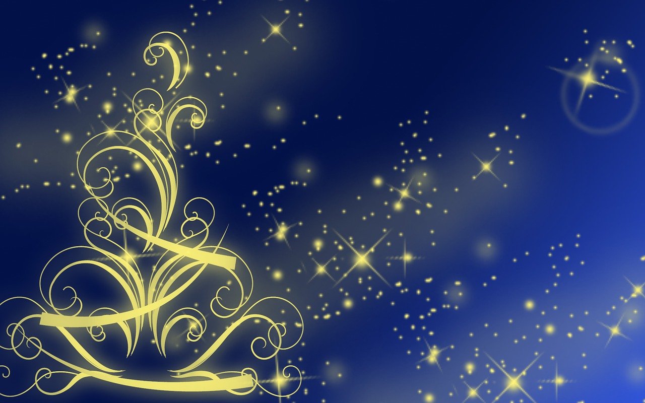 a gold christmas tree on a blue background, by Marie Bashkirtseff, trending on pixabay, digital art, coffee and stars background, avatar image, gold crown and filaments, mystical swirls