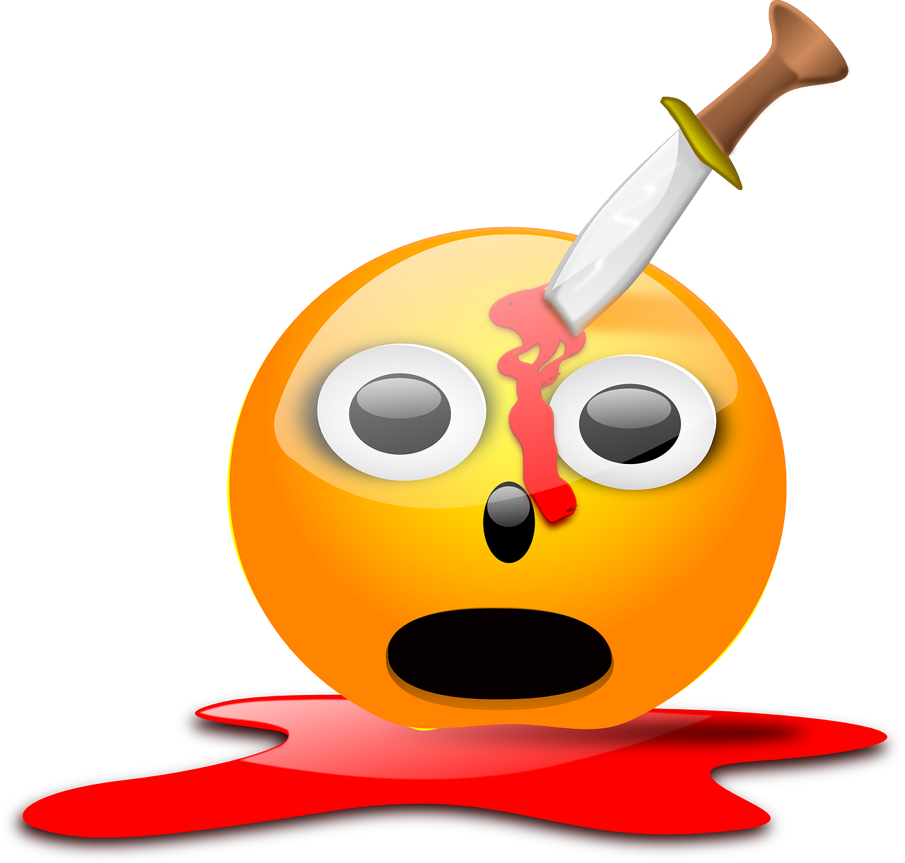 a yellow emoticion with a knife sticking out of it, vector art, shock art, my blood is boiling, round head, color bleeding, photo - shot