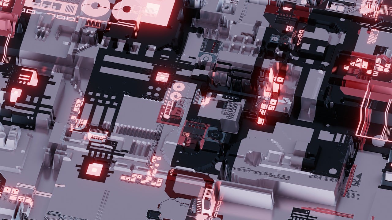 a bunch of electronic devices sitting on top of a table, digital art, by Julian Allen, trending on polycount, digital art, red and black robotic parts, intricate neon circuit pattern, closeup shot, expansive detailed layered city