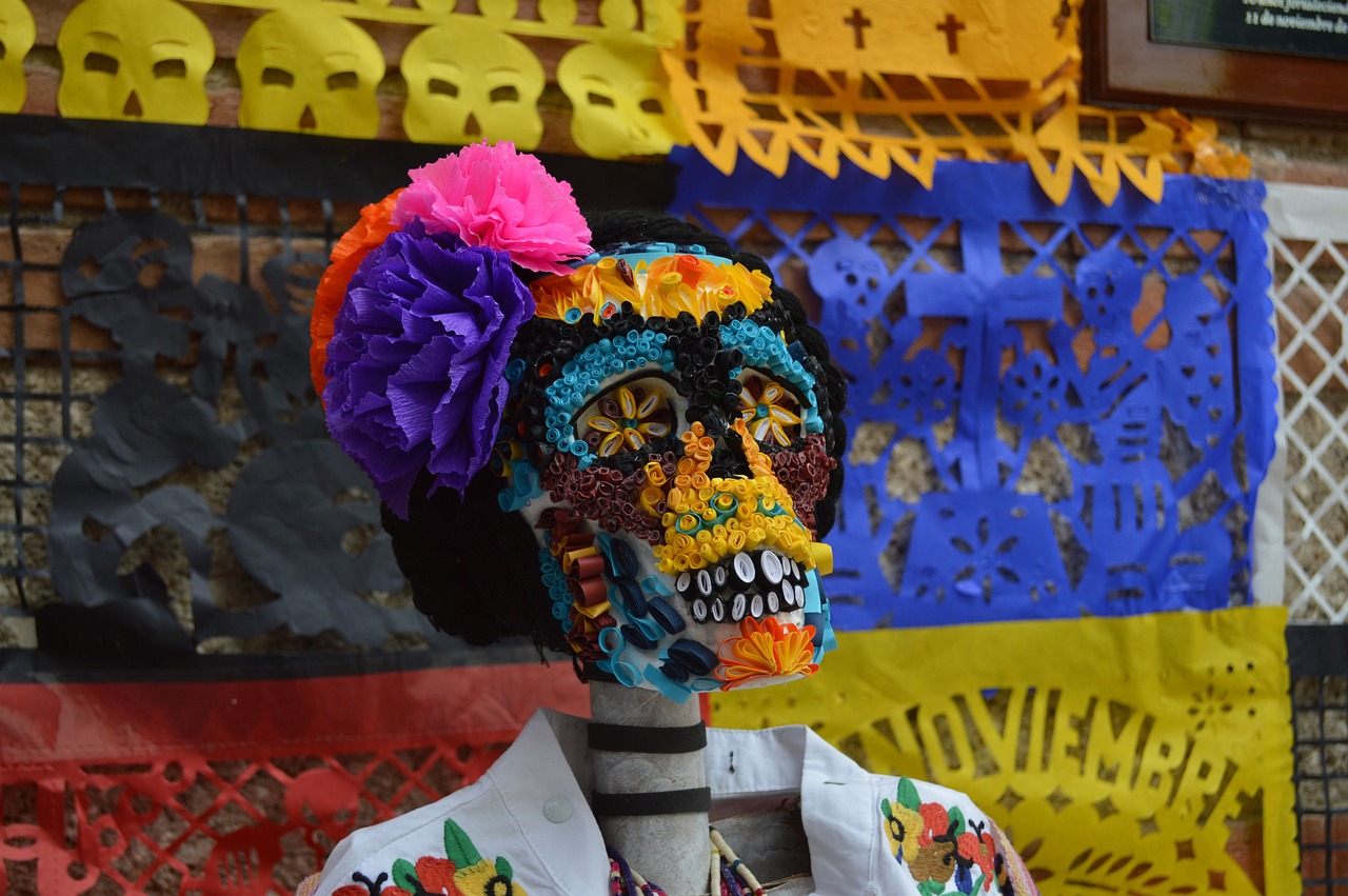 a close up of a person wearing a skeleton headdress, by artist, mexican folk art, full of colour w 1024, head and full body view, clothes made out of flower