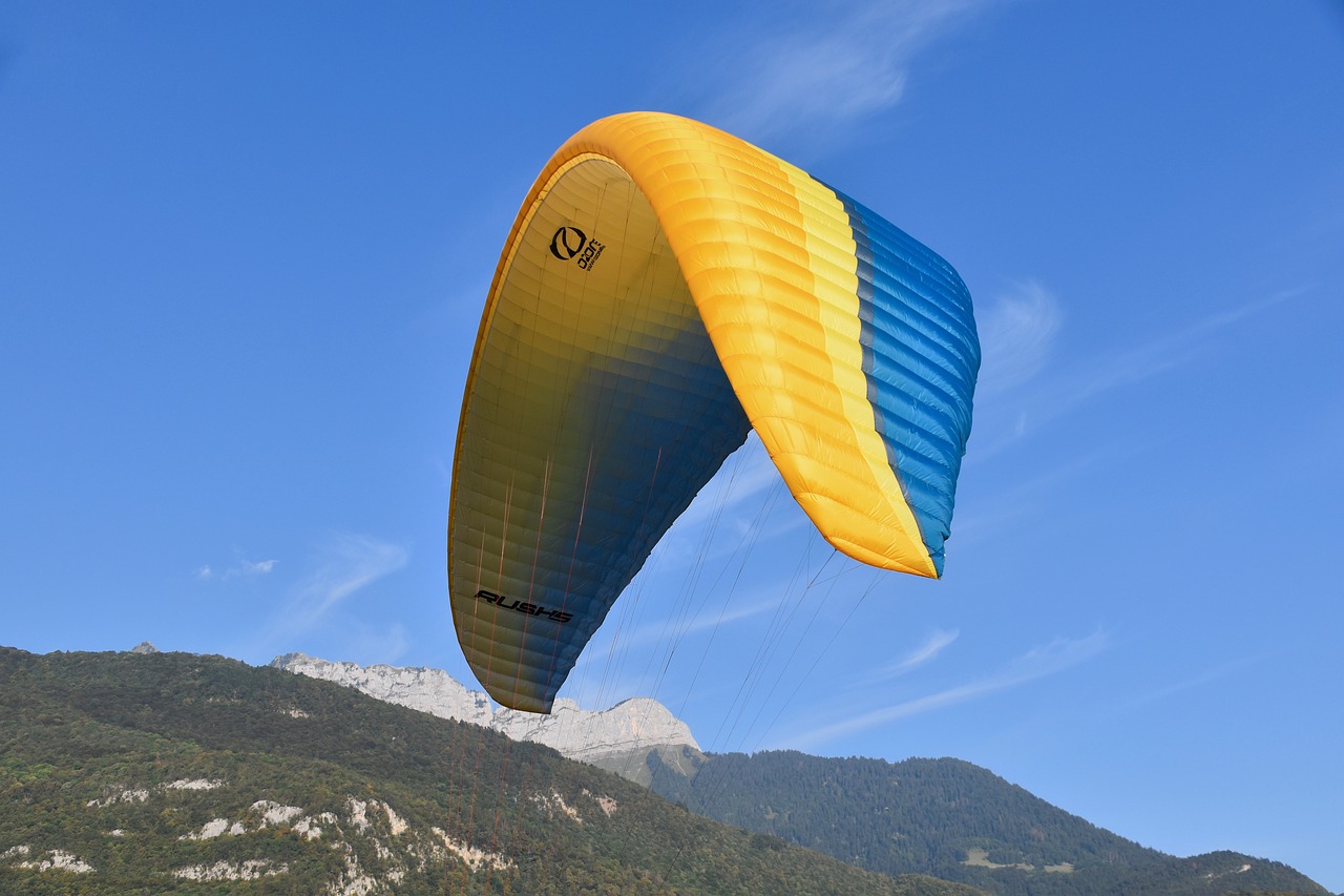 a person that is flying a kite in the sky, a picture, by Dietmar Damerau, shutterstock, yellow and blue color scheme, alps, aerodynamic!!!!!!, back arched