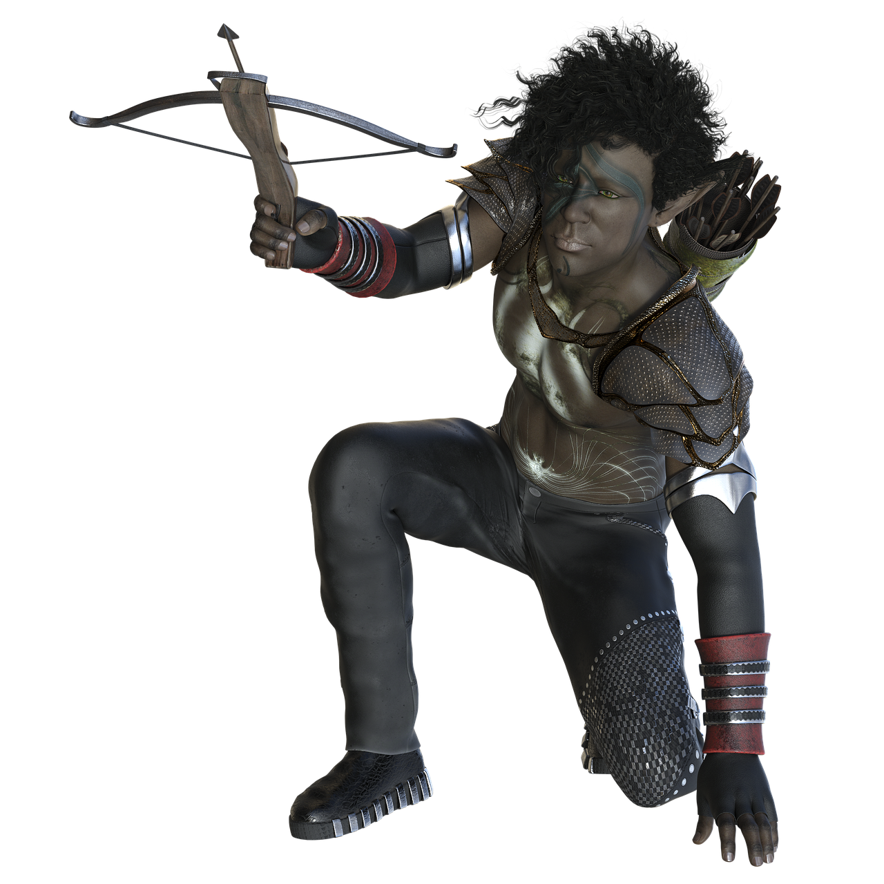 a close up of a person holding a bow and arrow, a 3D render, inspired by Anthony Palumbo, afrofuturism, posing ready for a fight, black man with afro hair, kneeling, strong fighter in leathers