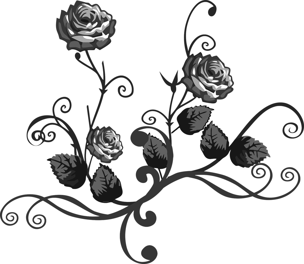 a black and white image of two roses, an ambient occlusion render, deviantart, art nouveau, stylized material bssrdf, vines, black ambient background, imvu