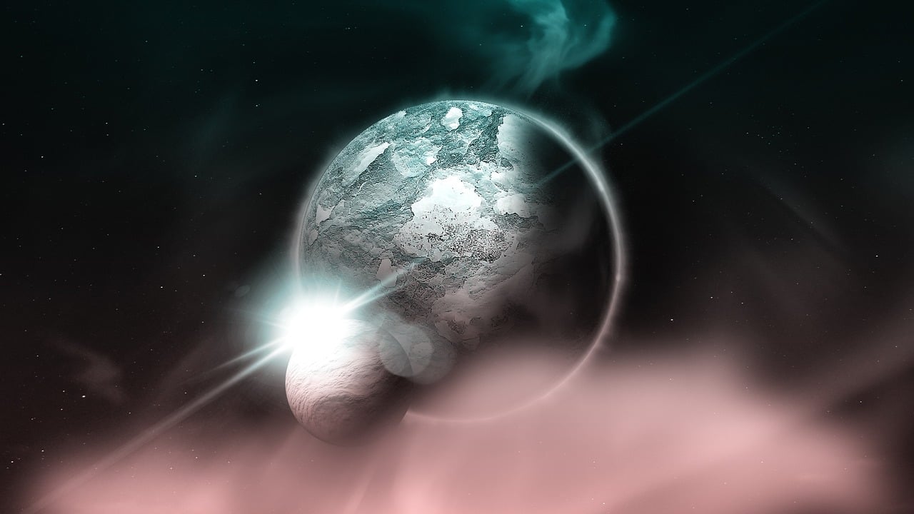 a close up of a planet with a star in the background, digital art, by Thomas Häfner, digital art, toxic glowing smog in the sky, ethereal ghostly atmosphere, two moons, space photo