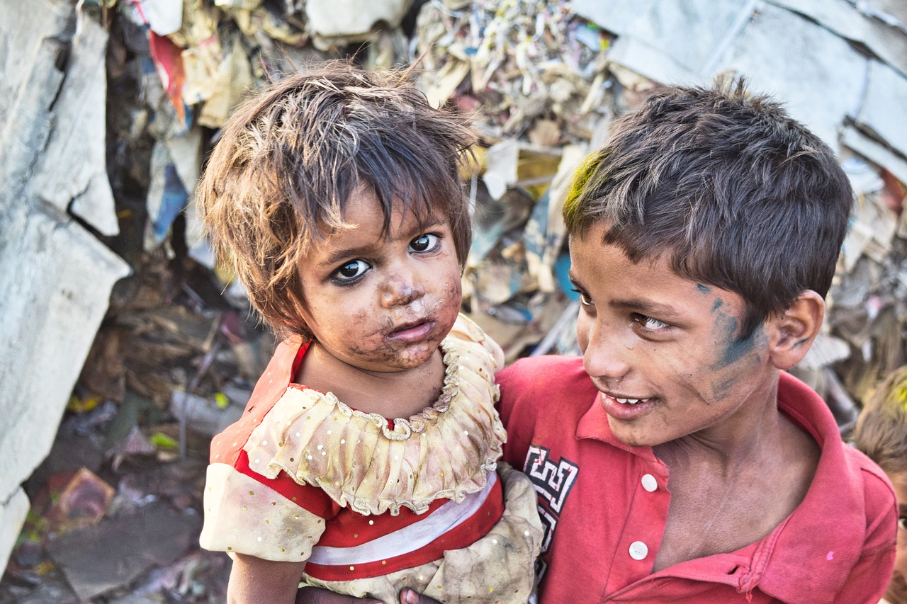 a couple of kids standing next to each other, flickr, process art, slum, uhd candid photo of dirty, pretty face!!, waste everywhere