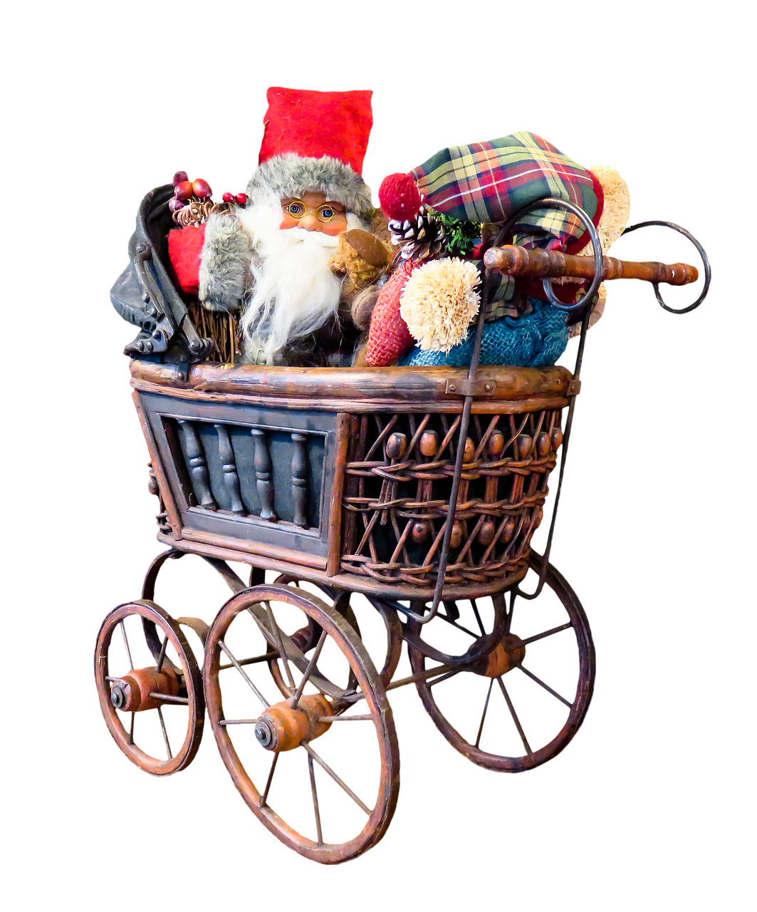 a close up of a toy carriage with a santa in it, a digital rendering, by Susan Heidi, pexels, assemblage, full - view, on black background, shopping cart, antiques