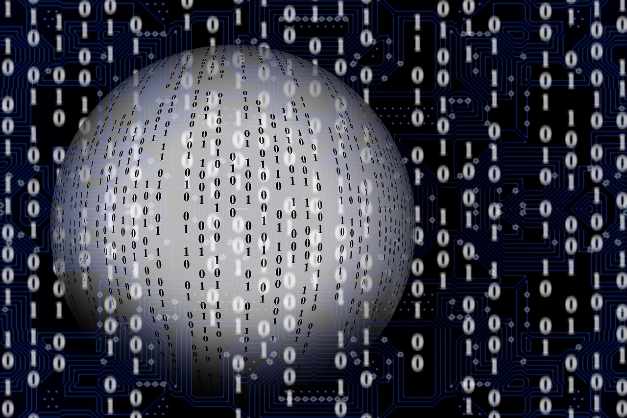 a computer screen with a sphere in the middle of it, a digital rendering, digital art, matrix code, amusing, with sparking circuits, binary
