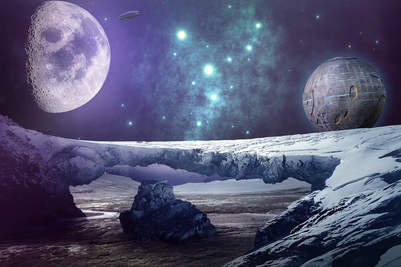 a group of planets that are in the sky, cg society contest winner, space art, surreal frozen landscape, two moons, alien structure, star - gate of futurisma