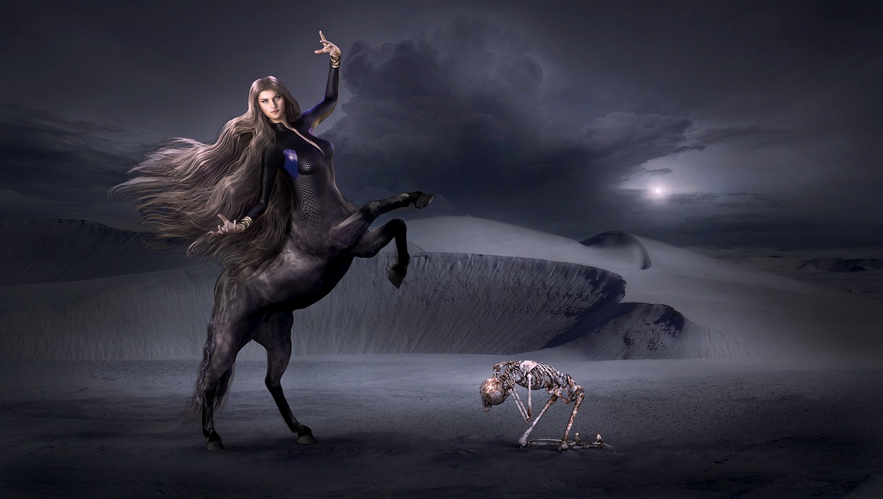 a woman riding on the back of a black horse, digital art, by Andrei Kolkoutine, fantasy art, which are also skeletal & frail, photoshoot, drag, very epic