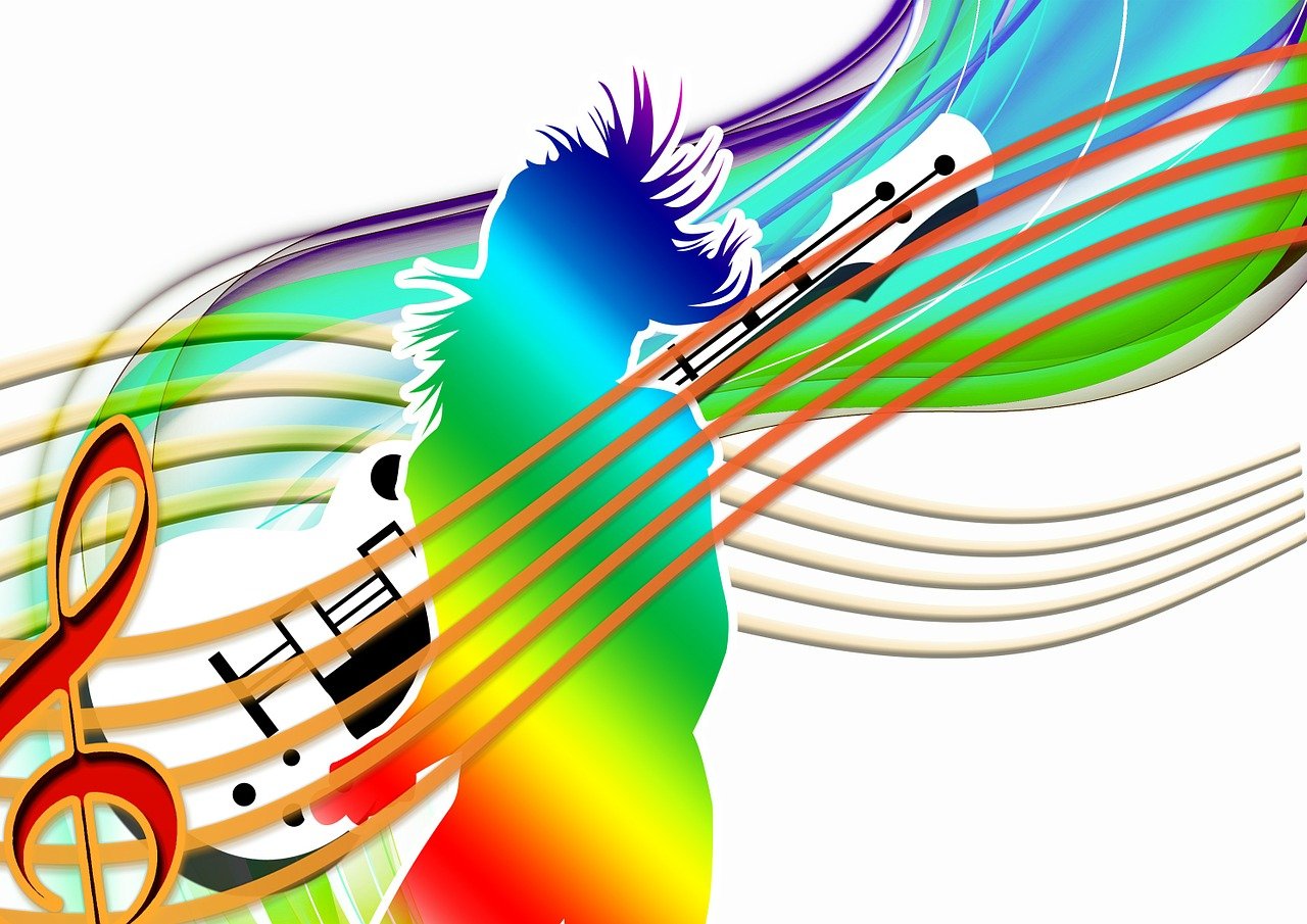 a person that is playing a musical instrument, a digital rendering, funk art, rainbow stripe background, on the white background, stringy, full color illustration