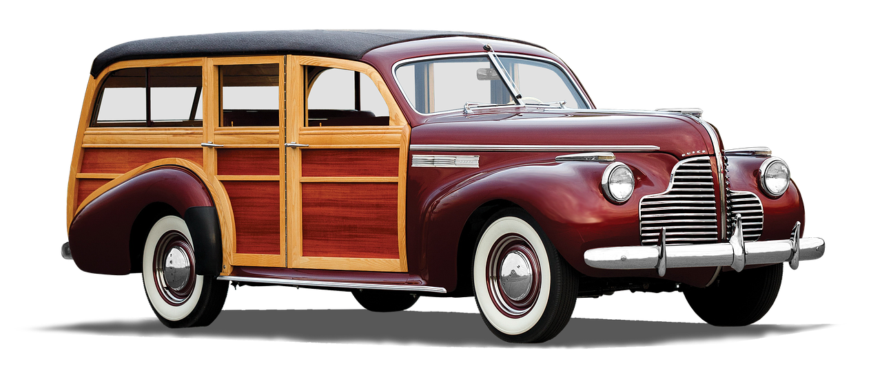 a classic wooden car parked in front of a black background, by Adam Chmielowski, fine art, wine red trim, 1 9 4 4, cut-away, high-body detail