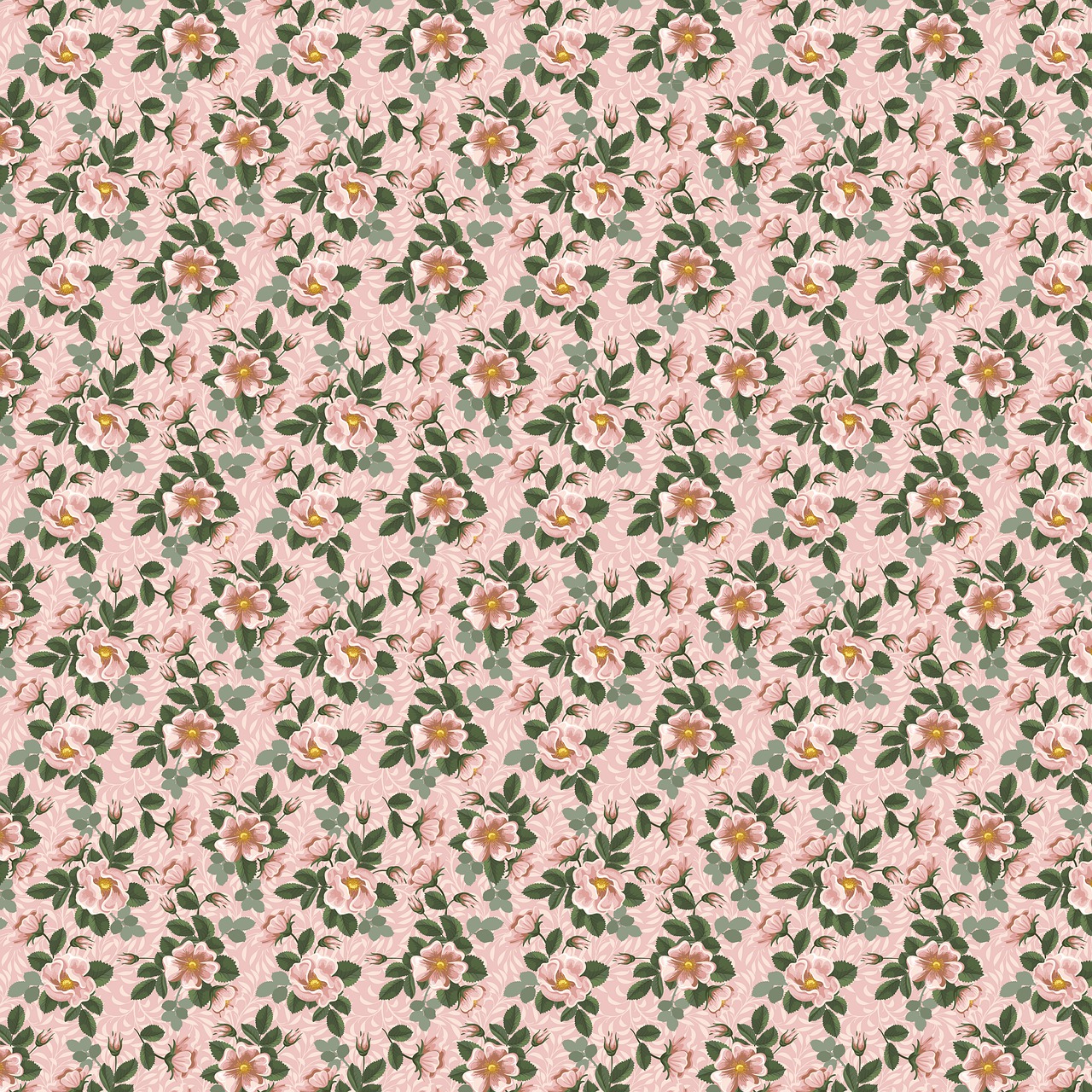 a floral wallpaper with pink flowers and green leaves, inspired by Miyagawa Chōshun, pink rosa, corduroy, slightly pixelated, victoriana