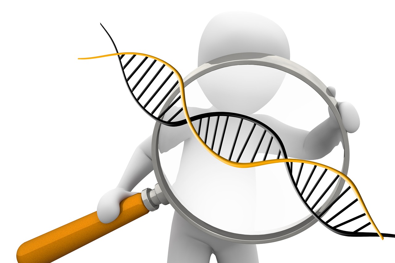 a person holding a magnifying glass and a strand of dna, by Aleksander Gierymski, digital art, istockphoto, white background”, 3 d cg, cartoon image
